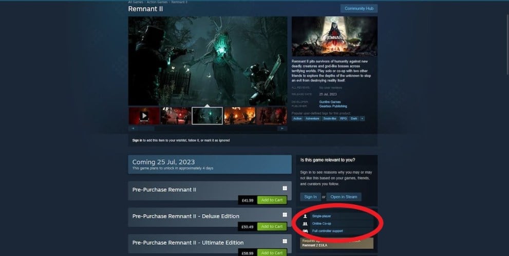 Steam Store page for Remnant 2 showing the game only supports single player and online co-op