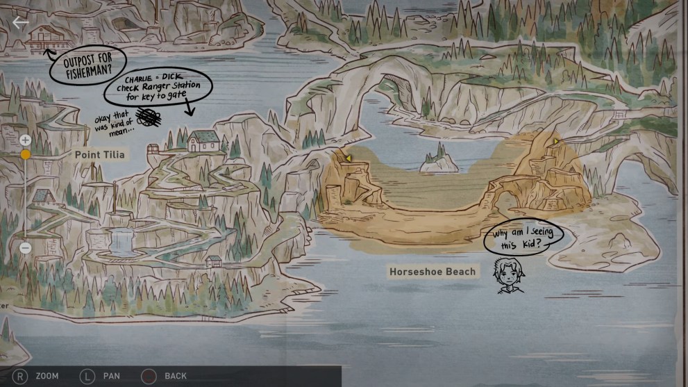 a map image of Horseshoe Beach where the shoe can be found for Hank in Oxenfree 2
