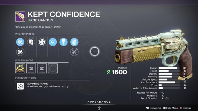 How to Get Kept Confidence Hand Cannon in Destiny 2 & What the God Roll Is
