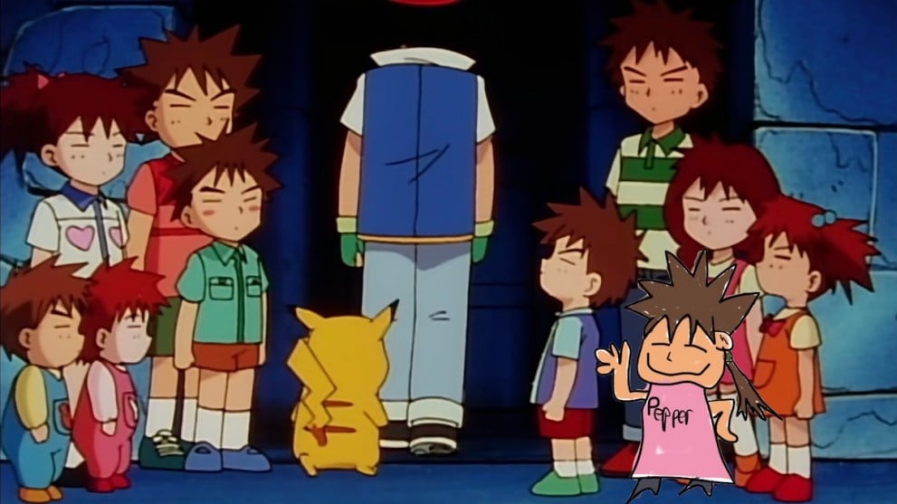 An image of Ash, Pikachu and Brock's siblings in the Pokemon anime. An additional character, Pepper, has been shoddily added to the image.