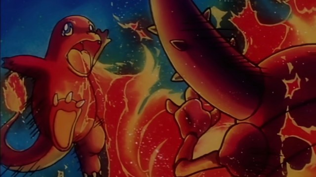 Charmander uses a fire attack against Pinsir in the Pokemon anime