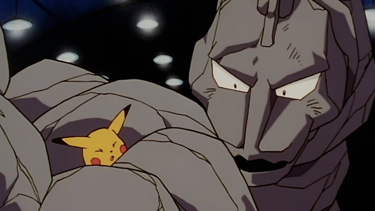Onix puts the squeeze on Pikachu in the Pokemon anime