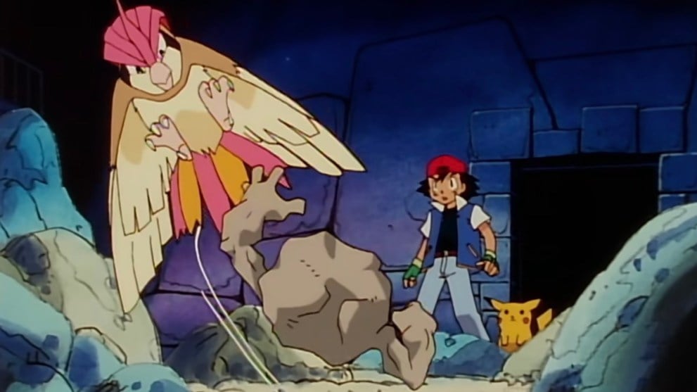 Pidgeotto is fighting Geodude in the Pokemon anime, while Ash and Pikachu watch on in bemusement