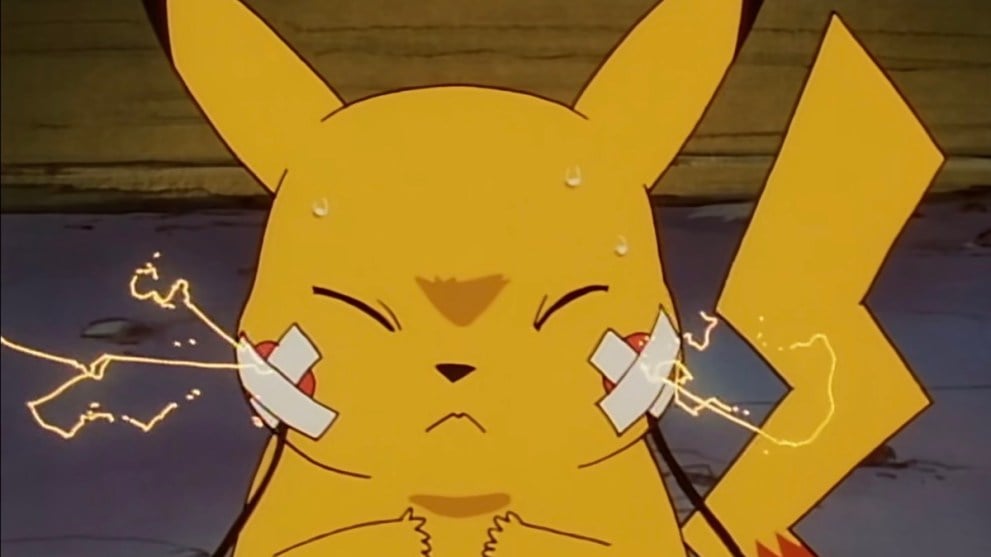 Pikachu being charged up in the Pokemon anime