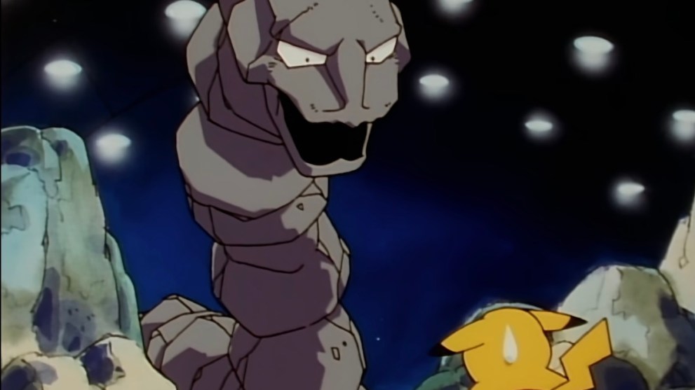 Pikachu faces off against Onix in the Pokemon anime