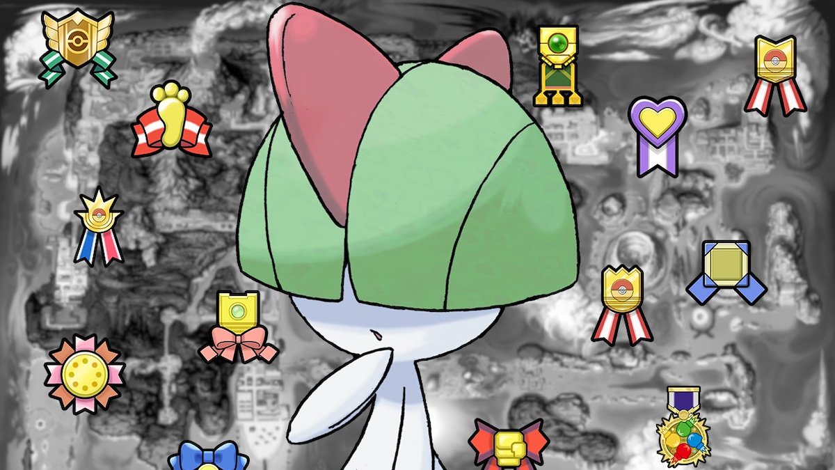 A Ralts stands amongst the various ribbons throughout the Pokemon series