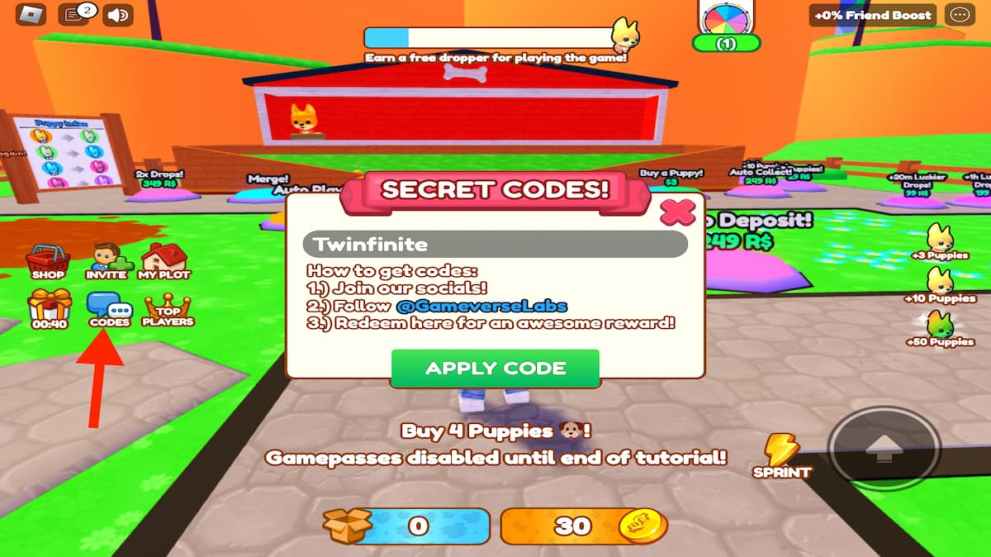 How to redeem codes in Puppy Tycoon on Roblox.