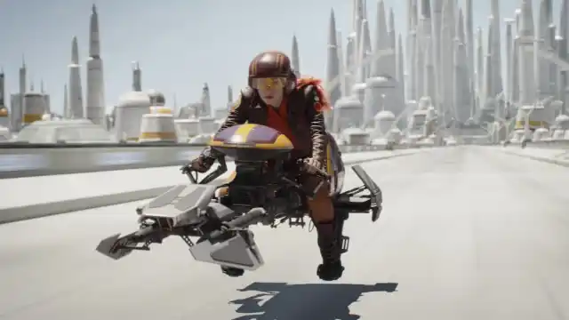 Sabine Wren riding a speederbike on Lothal in Star Wars Ahsoka