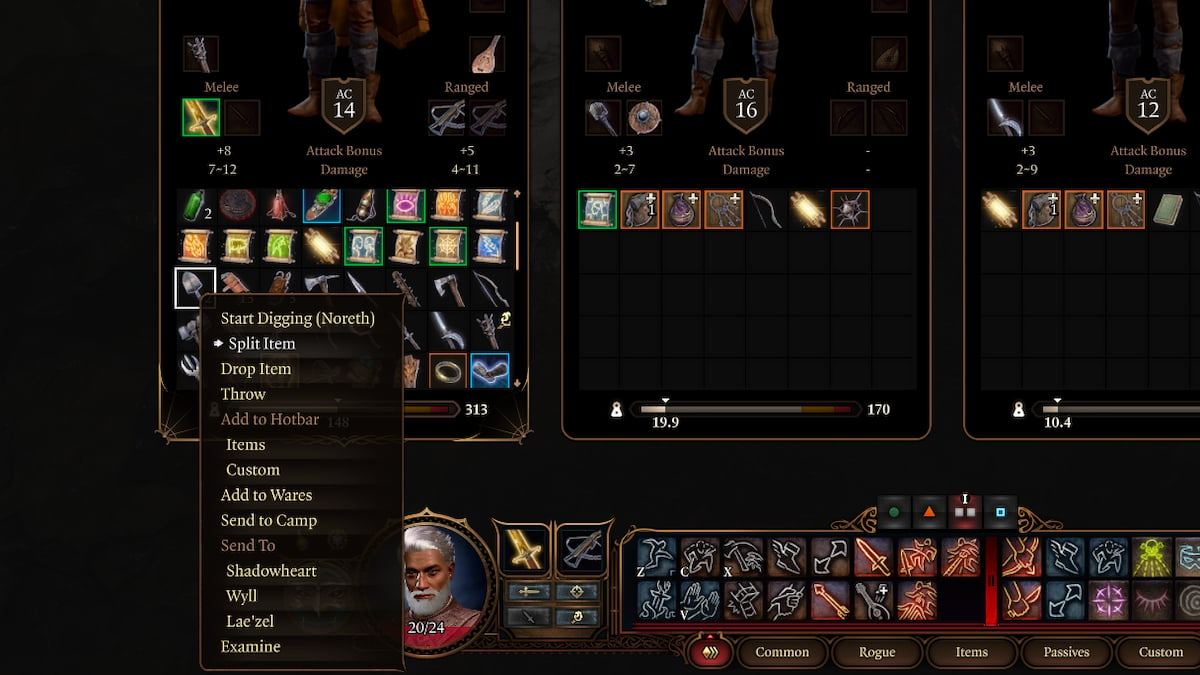 how to split items in inventory in bg3