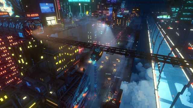 Flying through the city in Cloudpunk