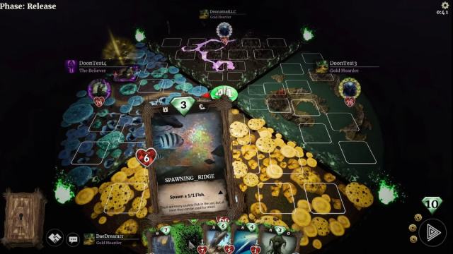 Free Dark Table CCG game board showing cards, deck, and four players