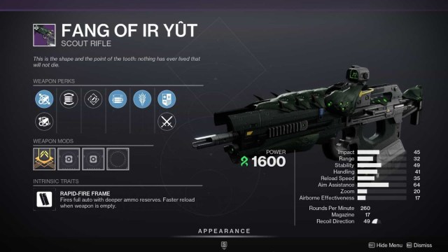 Destiny 2 Fang of Ir Yut Scout Rifle