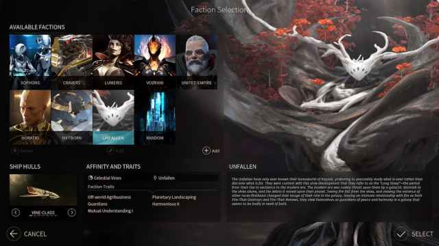 Endless Space 2 Faction select, description, traits and affinities shown