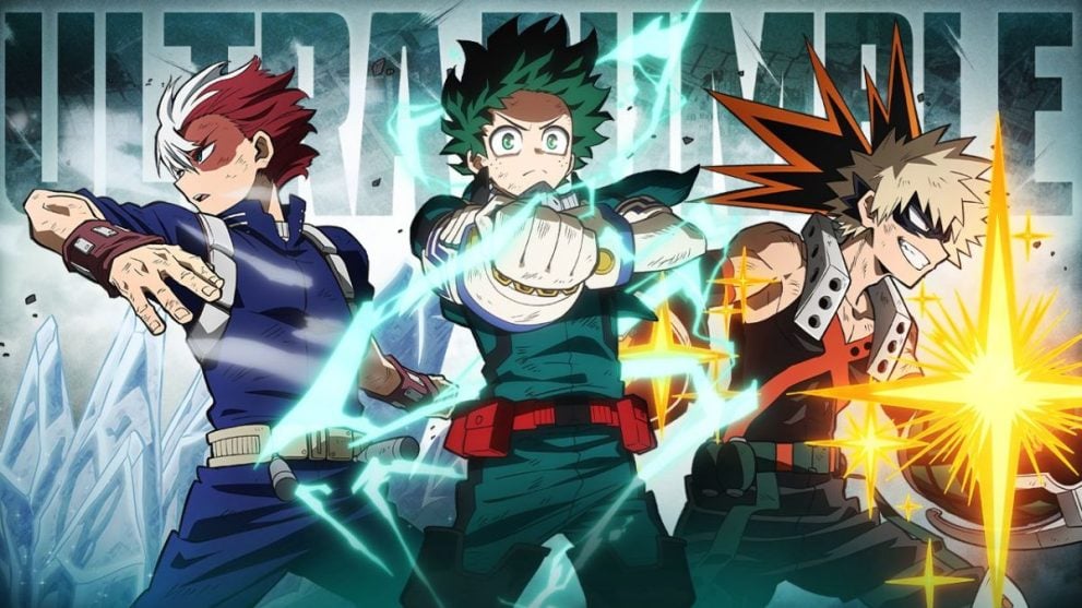 Free Game My Hero Ultra Rumble splash screen showing Izuku Midoria, Bakugo, and Shoto Todoroki