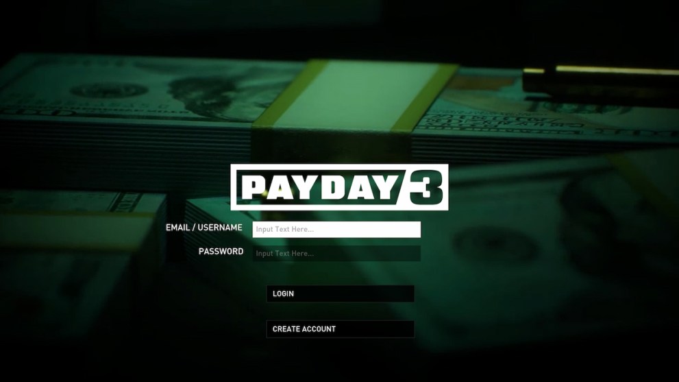 Payday 3 Login In/Create Account Screen