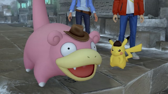 Slowpoke and Pikachu wearing hats in Detective Pikachu Returns