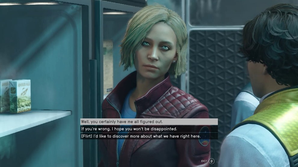 Flirt dialogue option while talking to Sarah in Starfield.