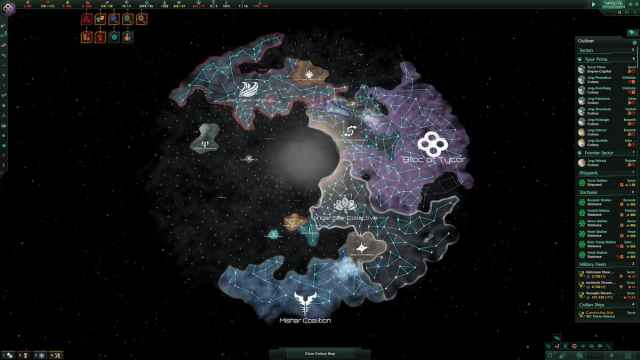 Stellaris in game galaxy map, resources along the top, planets down the left