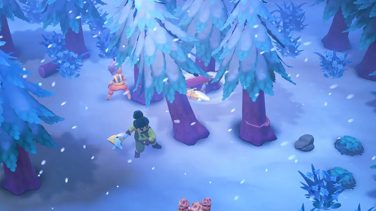 Two characters chopping trees during a blizzard in Fae Farm