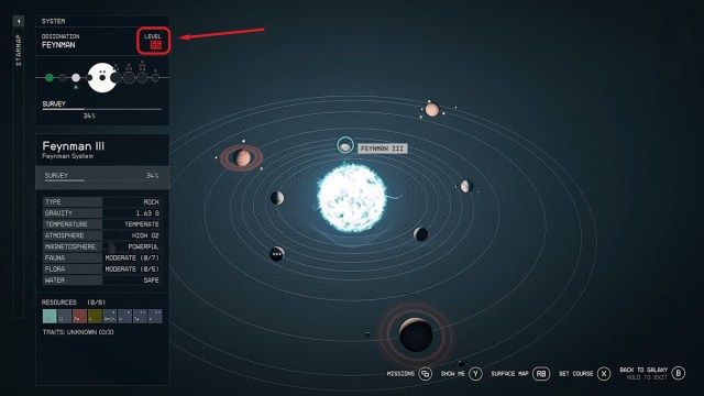 Where to find system level in Starfield