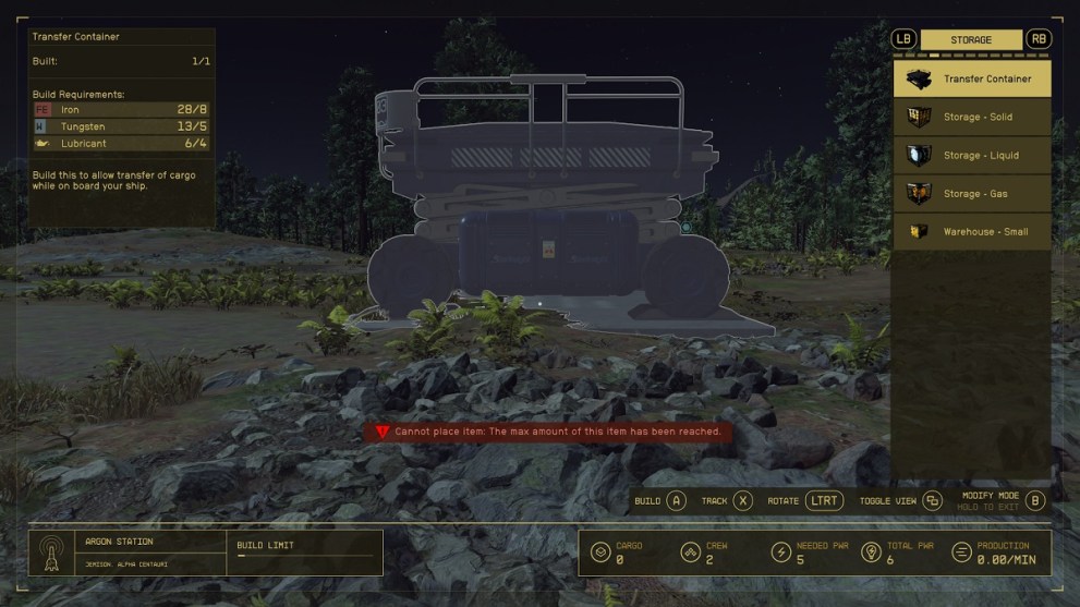 building a transfer container at an outpost in starfield