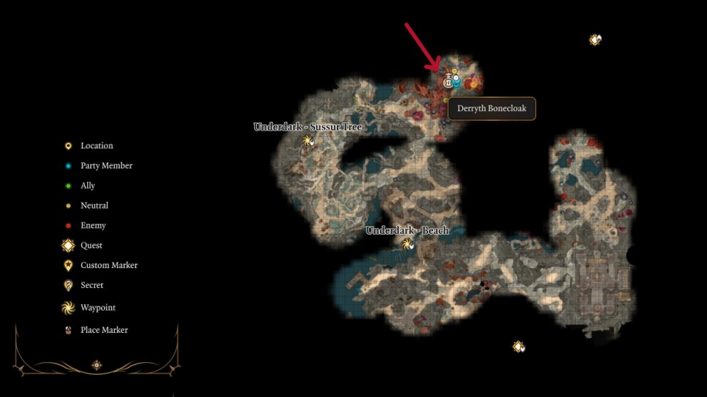 Derryth's location in BG3