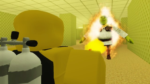 shrek attacking a player in shrek in the backrooms roblox game