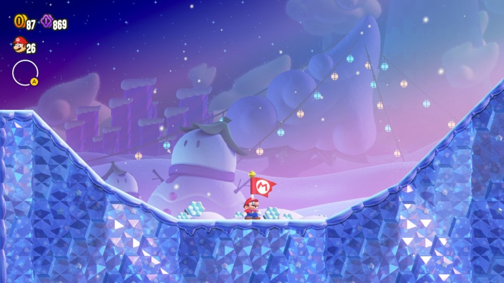 Mario at a checkpoint flag in snow level