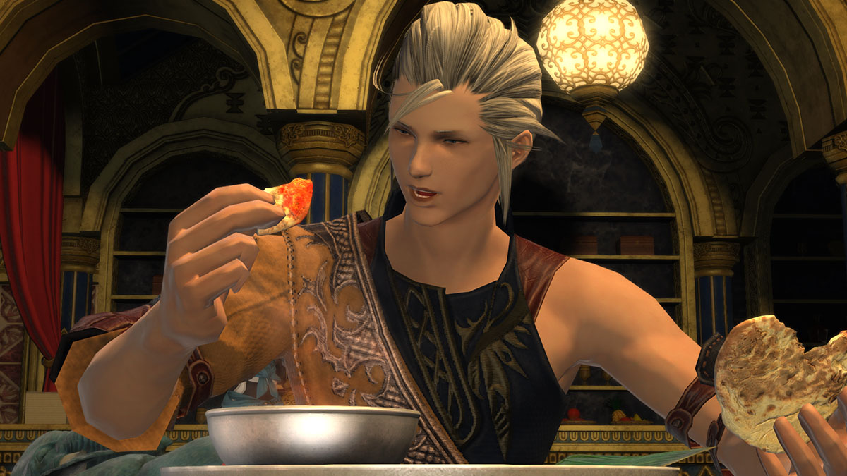 A character eating curry in Final Fantasy 14