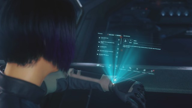 A character reading emails from a hologram in Squadron 42