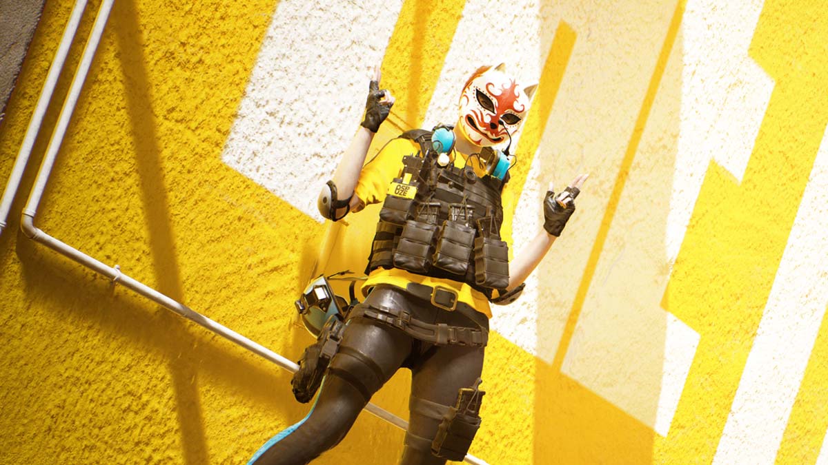 A character standing against a yellow wall in The Finals