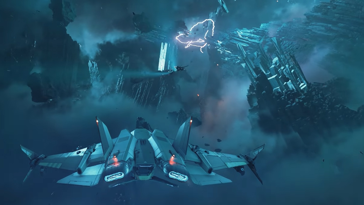 A spaceship flying into a storm in Squadron 42