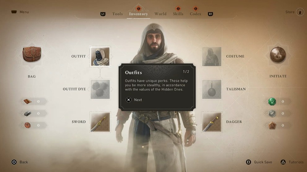 Inventory screen in AC Mirage.