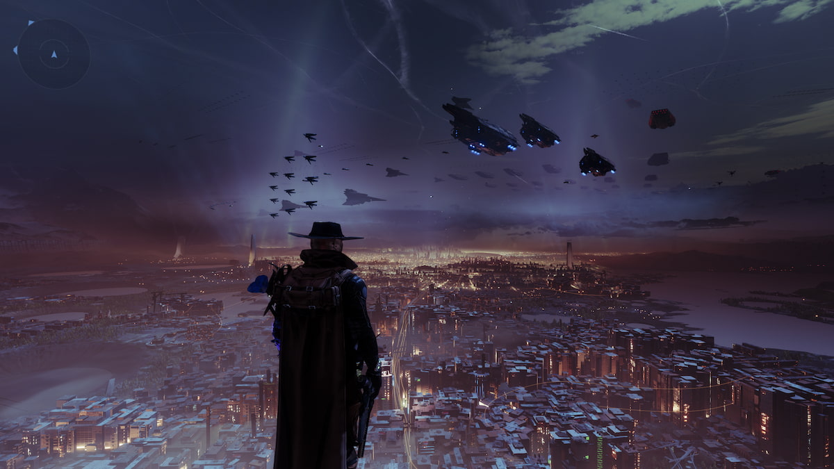 A hunter standing in the Tower watching over the Last City on Earth