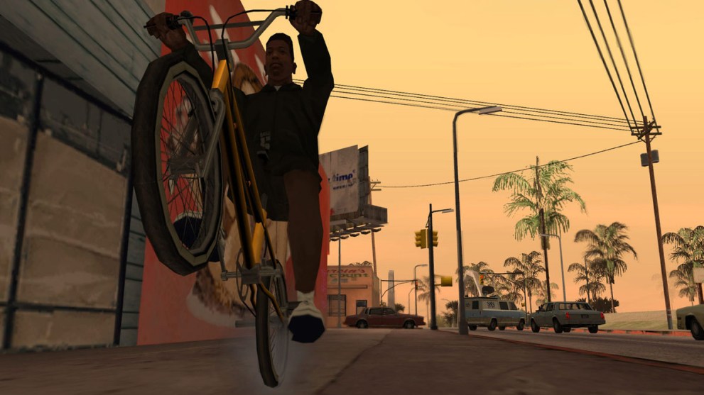 Character pulling a wheelie in Grand Theft Auto San Andreas
