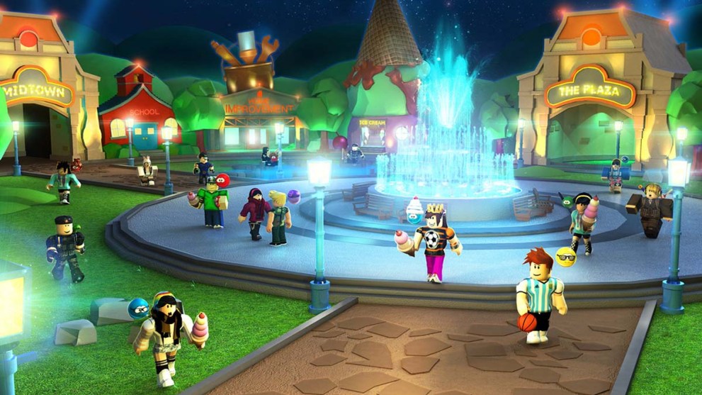 Characters around a fountain in Roblox