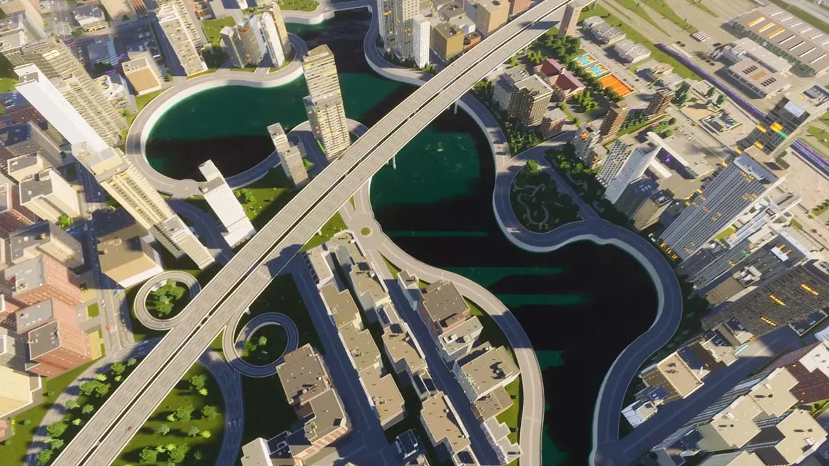 Cities Skylines 2 birds eye view of a city