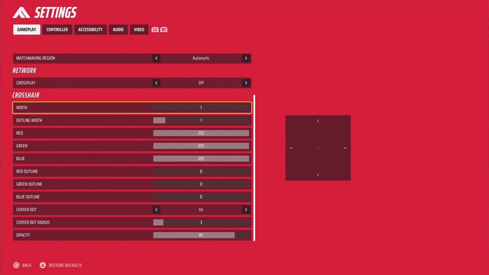 Crosshair settings in The Finals on PS5