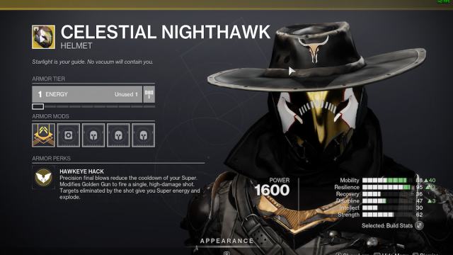 The stat screen of Hunter's helmet Celestial Nighthawk in Destiny 2