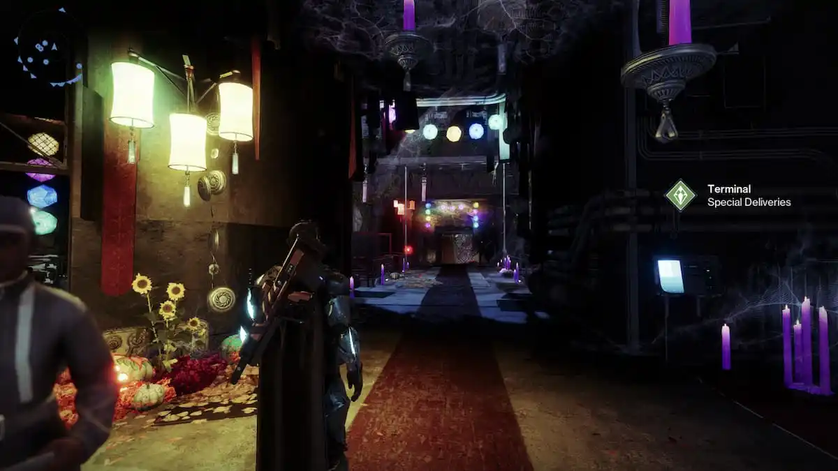 A decorated hallway in the tower during Festival of the Lost in Destiny 2