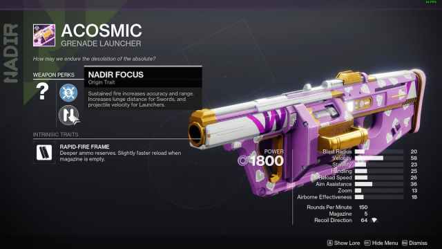 Stat page for the Acosmic grenade launcher in Destiny 2