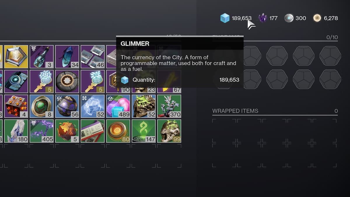 The inventory screen in Destiny 2 showing Glimmer