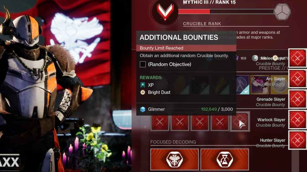 The Crucible vendor screen showing the Glimmer cost of bounties