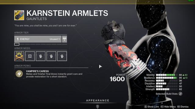 The info screen for Warlock Gauntlets Karnstein Armlets in Destiny 2