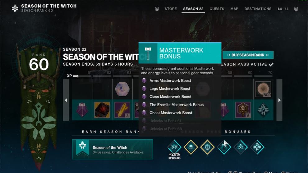 A screenshot of Destiny 2's season pass bonuses overview