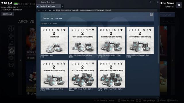 Destiny 2 Silver purchase screen