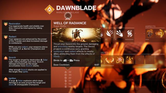 The stats of the Solar Warlock Super Well of Radiance in Destiny 2