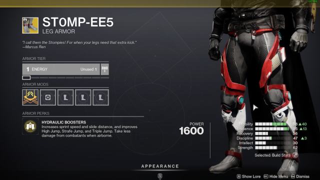 The stat screen for Hunter's pants St0mp EE5 in Destiny 2