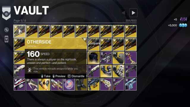 The players vault in Destiny 2 showing weapons, armor, and vehicles