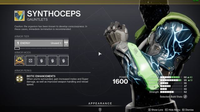 The info screen for the Titan gauntlets Synthoceps in Destiny 2